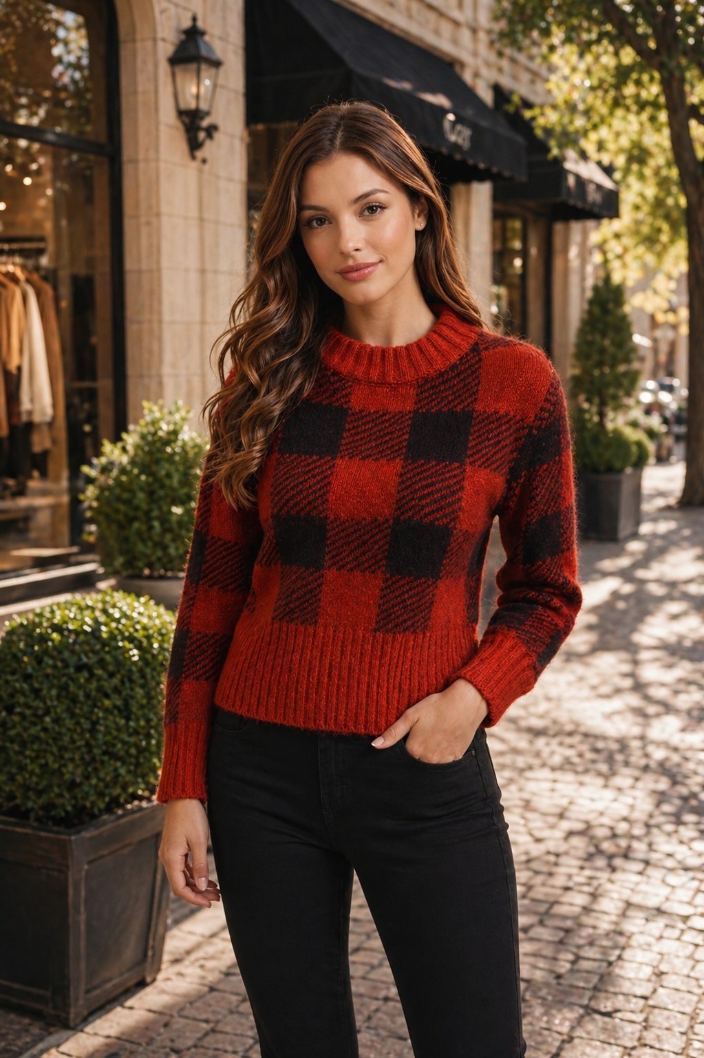 Sweater de cuadros rojos y negros