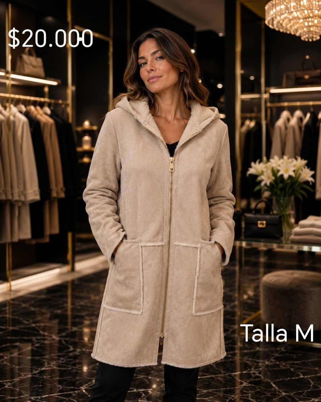 Abrigo beige con cierre y capucha