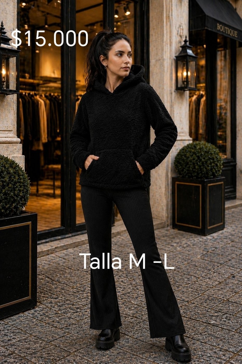 Conjunto Polerón Teddy Negro y Calza de lanilla